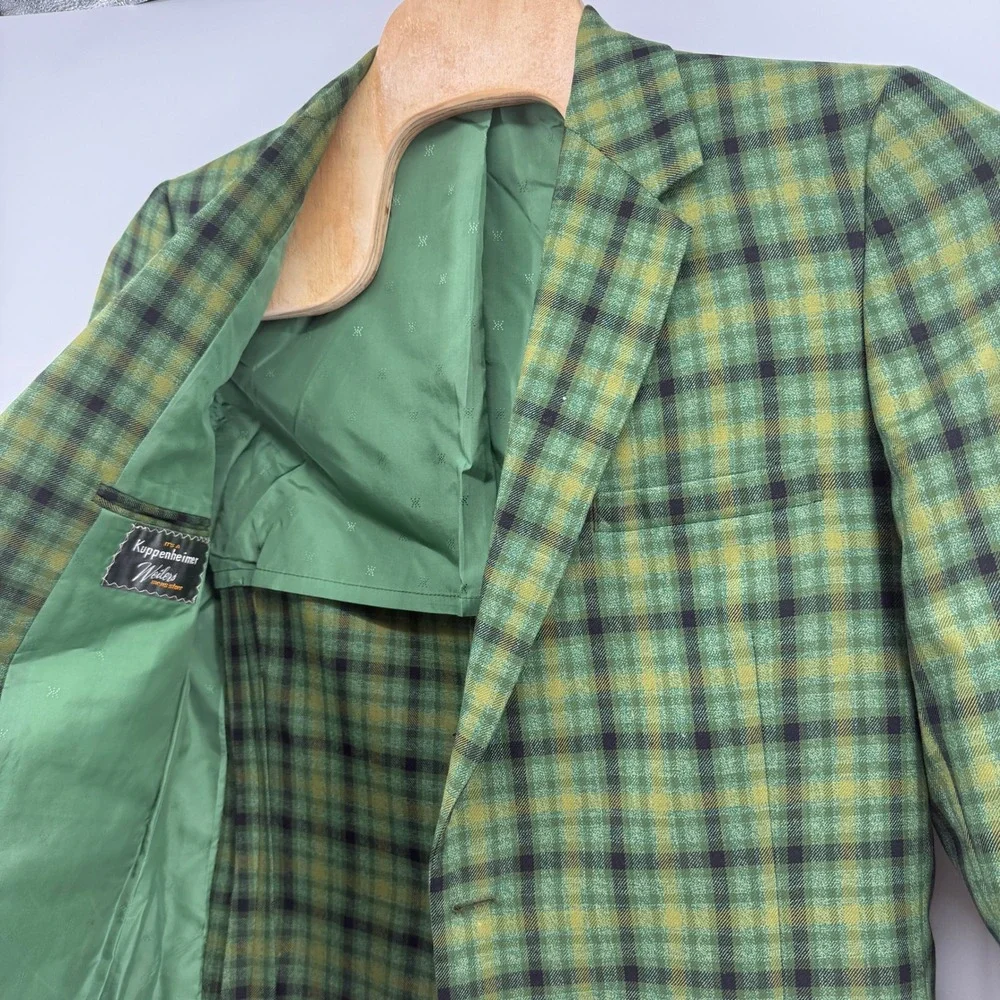 Kuppenheimer Plaid Blazer Mens Sz 40 Green Vtg Tartan Sport Coat Ticket Pocket
